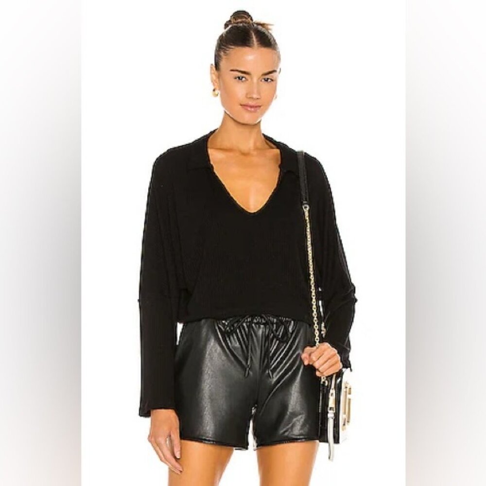 REVOLVE X LNA black V neck cropped oversized long sleeve cape top large euc